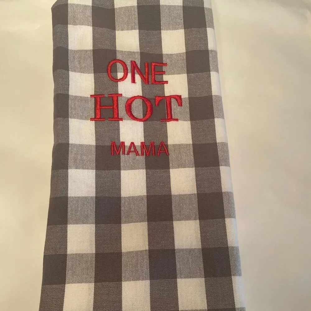 “One Hot Mama” Embroidered Tea Towel Gray/White Checked New